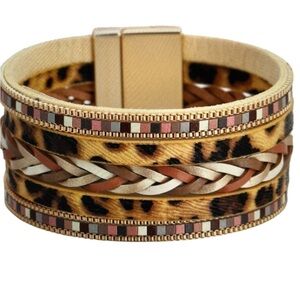 Boho Multi Layer Leather Braided Leopard Pattern Magnetic Buckle Bracelet